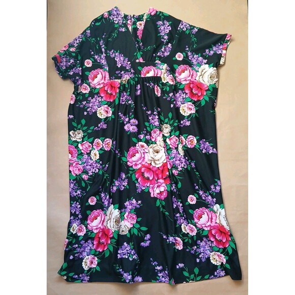Vintage 70s Styled by Tyrone kaftan House Dress 2XL Black Floral Boho Maxi